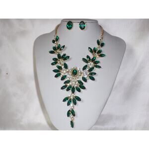 Green rhinestone statement necklace set wedding bridal prom  drag queen necklace